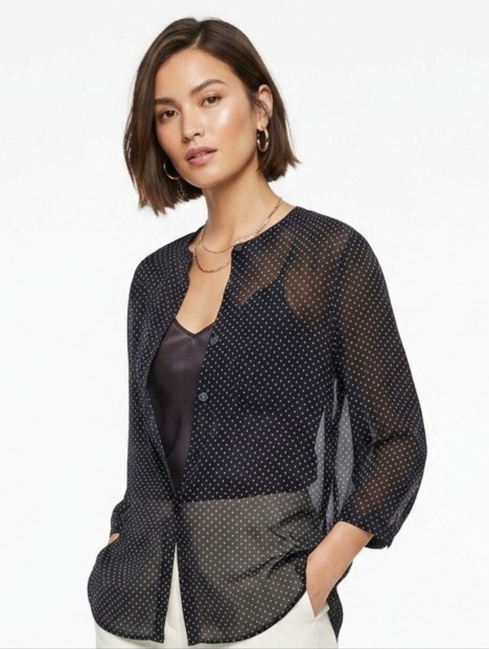 Jones New York Collarless Polka Dot Rayon Blouse Top Dark Navy White 14W